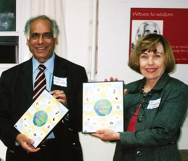 Shahid Akhtar and Dr. Barbara Landau each hold a small mounted print of Scarboro’s Golden Rule poster received as a gift. Their presentation, “Building bridges between Jews and Muslims in Canada”, was part of Scarboro’s Lenten Interfaith Series. April 2007, Scarboro Mission Centre, Toronto.