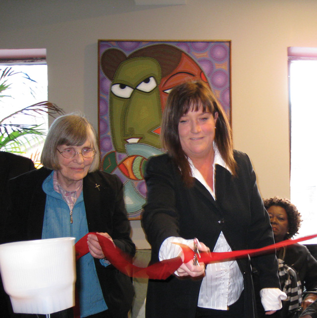 Sister Susan Moran, OLM, founder of Out f the Cold, and Kimberley Curry, Rosarian and Executive Director of Seeds of Hope Foundation, at the ribbon cutting ceremony for the new Lazarus House. February 8, 2013, Toronto.