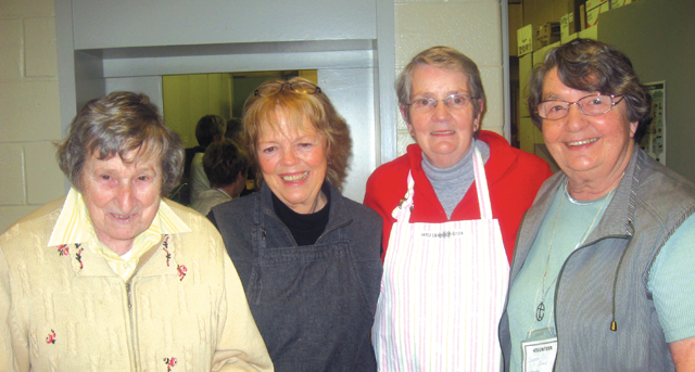 Volunteers at St. Brigid’s parish Out of the Cold program. Above (L-R): Sister Cecile Turner, Bonnie Bruder, Margaret McAndrews, and Sister Joan Missiaen